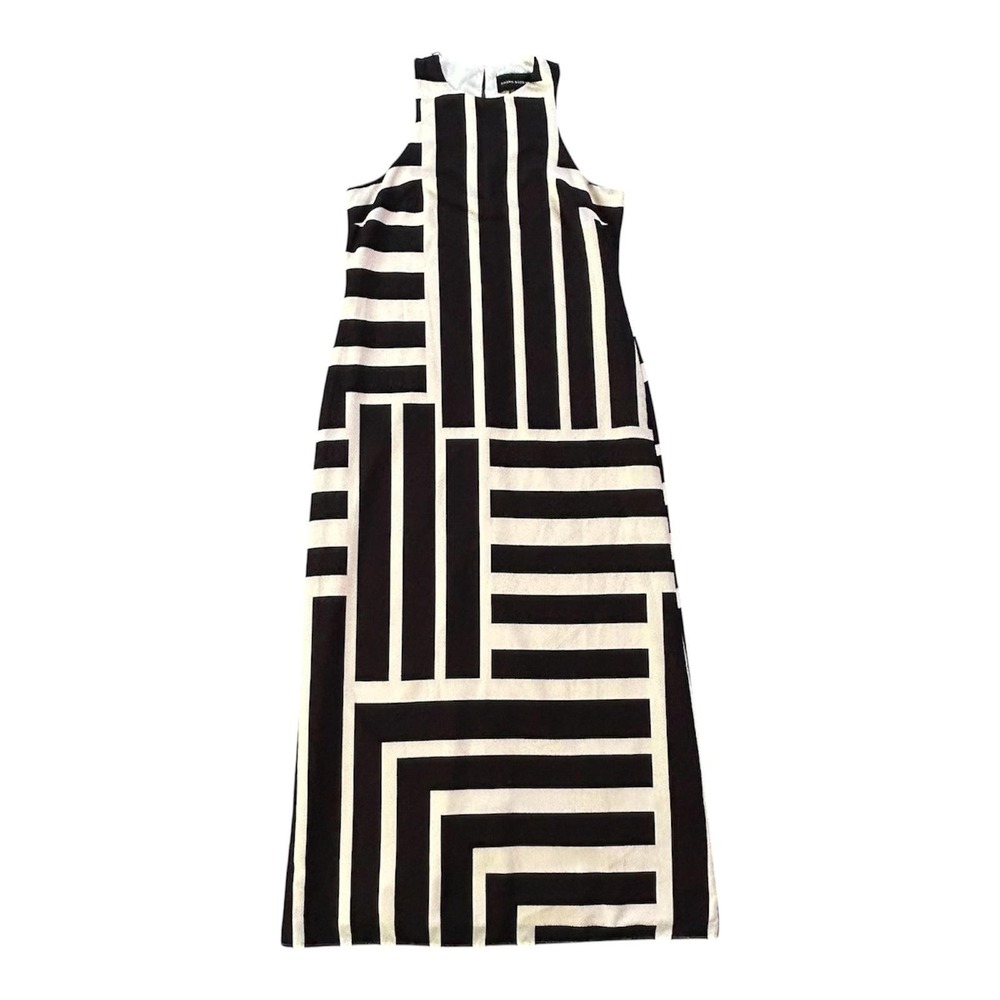 Donna Morgan Dress Womens 6 Black White Geometric High Neck Maxi Sheath Striped